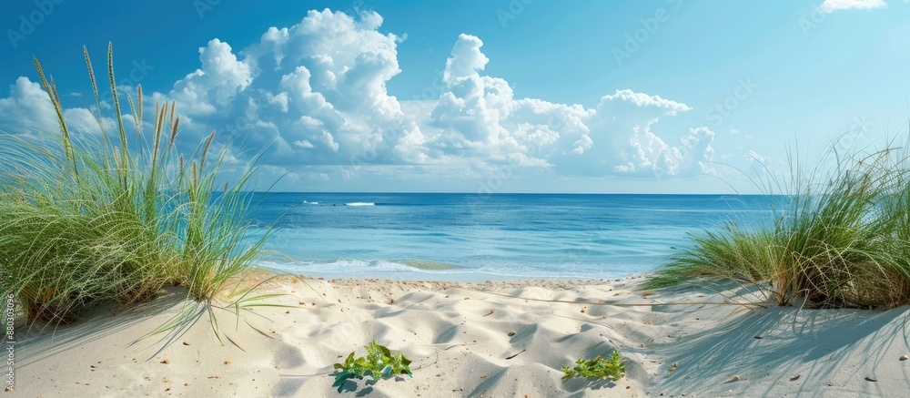 Poster A serene scene with herbs scattered on sandy beach with a backdrop of a clear blue sky, offering a tranquil setting for contemplation with copy space image.