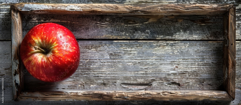 Poster A vibrant red apple resting on a rustic brown frame atop a gray wooden surface in a top-down view with copy space image included.