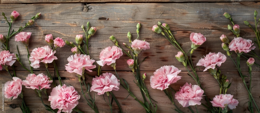 Poster pink carnations arranged beautifully against a rustic wooden backdrop with copy space image.