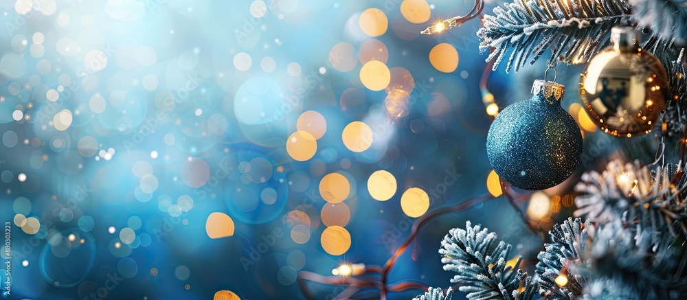 Poster festive blue background with christmas and new year decorations, blurry bokeh effect with space for 
