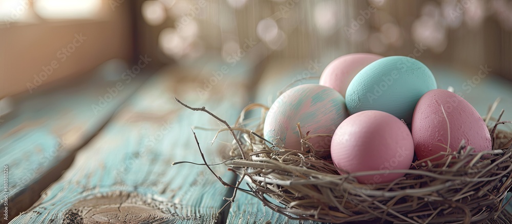 Poster Easter eggs in a nest on a weathered wooden backdrop in a retro vintage style with a soft focus. Ideal for a copy space image.