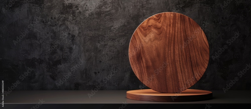 Poster a circular wooden sign with blank space sits on a black table, set up as a basic mockup for a door s