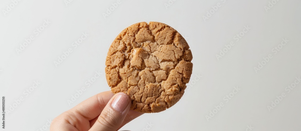 Poster a cookie with a creamy center held by a hand set against a white backdrop, providing space for addit