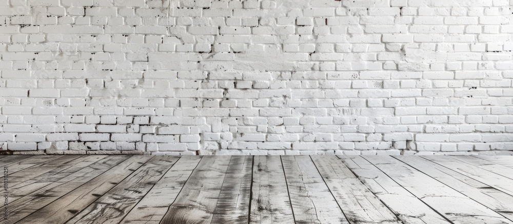 Poster whitewashed white brick wall with open copy space image for background.