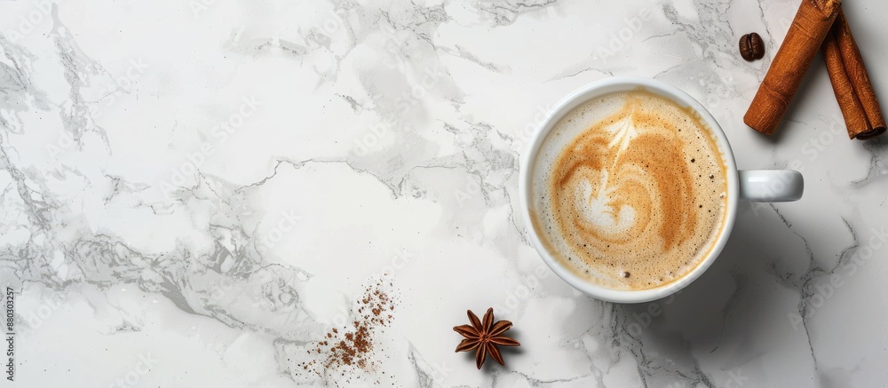 Poster top view of a cup with coffee and cinnamon sticks on a marble surface providing copy space image.