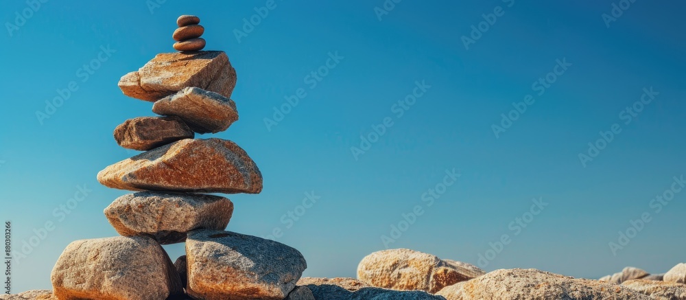 Poster mountain made of rocks stands against a clear blue sky backdrop of a copy space image.