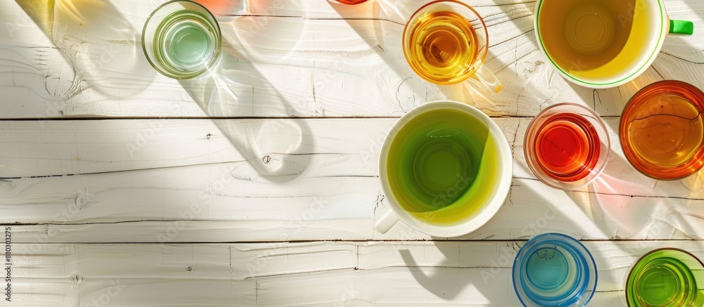 Poster white wooden background with a green cup of tea and various colorful glasses, allowing for text plac