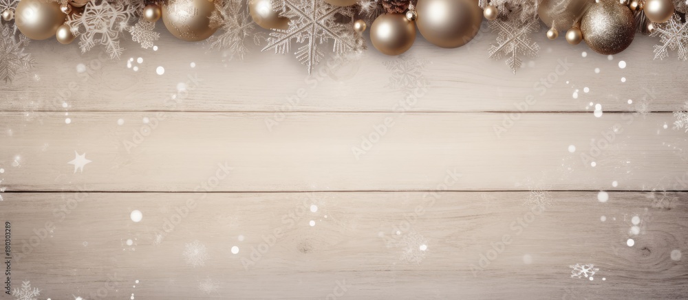 Poster christmas border with red and silver balls, snowflakes on rustic beige background, and pen with copy