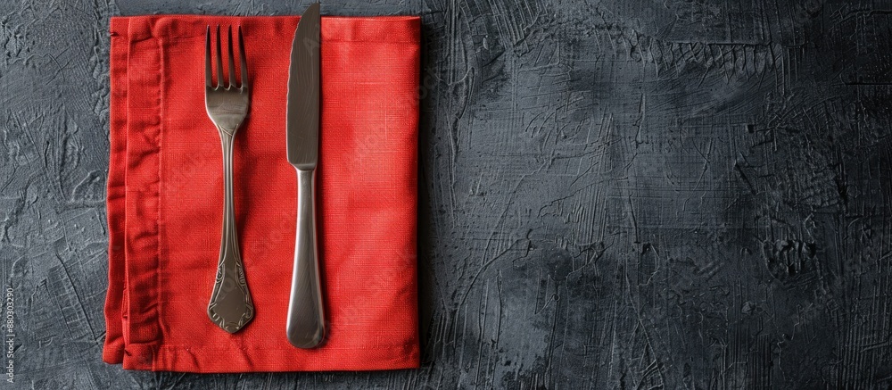 Poster top-down view of a red kitchen napkin on a table, offering copy space in a minimalistic, flat lay de