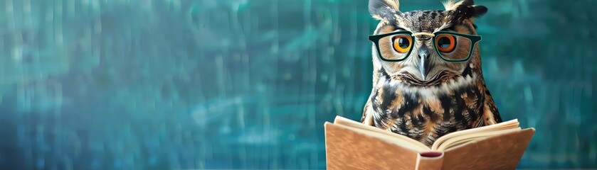 Wise owl reading a book in a library