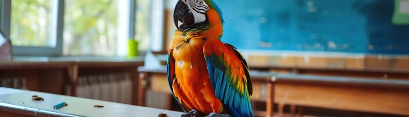 Fototapeta premium A colorful Macaw parrot perched on a wooden table in a classroom.