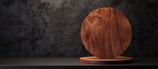 A circular wooden sign with blank space sits on a black table, set up as a basic mockup for a door sign with copy space image.