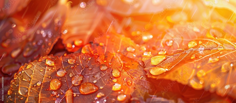 Poster close-up of wet autumn leaves with copy space image for natural background.