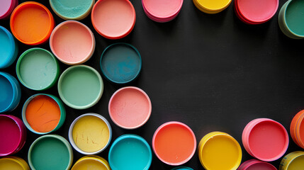 An abstract and artistic background featuring colorful containers of pastel-colored playdough arranged on a black background.






