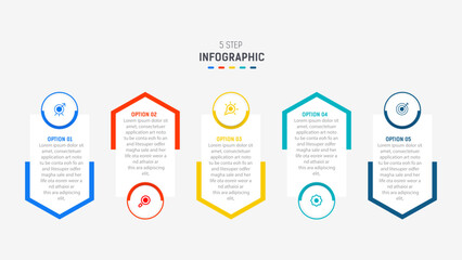 Five Step Infographic design element template for presentation. info graphic illustration. process diagram and presentations step,  banner, flow chart, 5 option template.