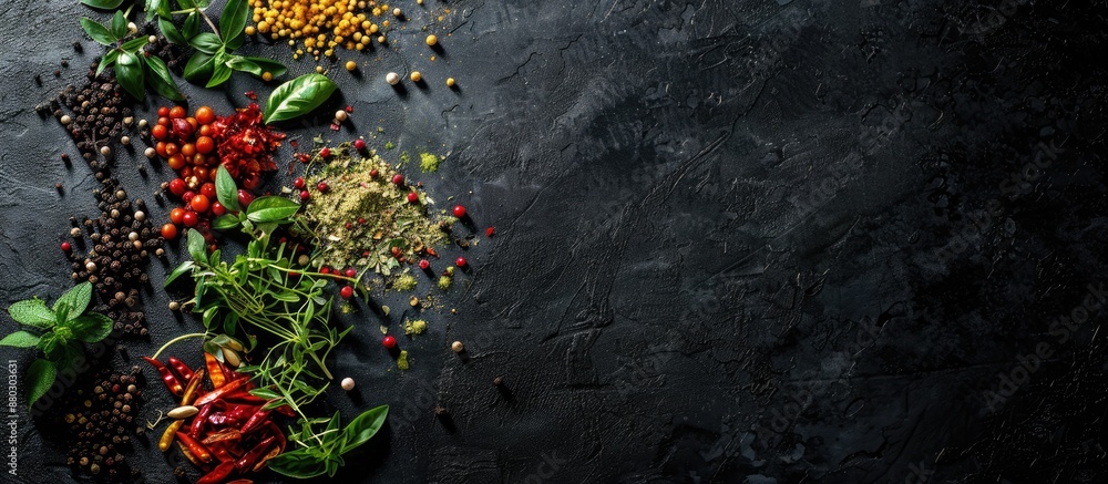 Poster variety of spices and herbs arranged on a black surface with copy space image.