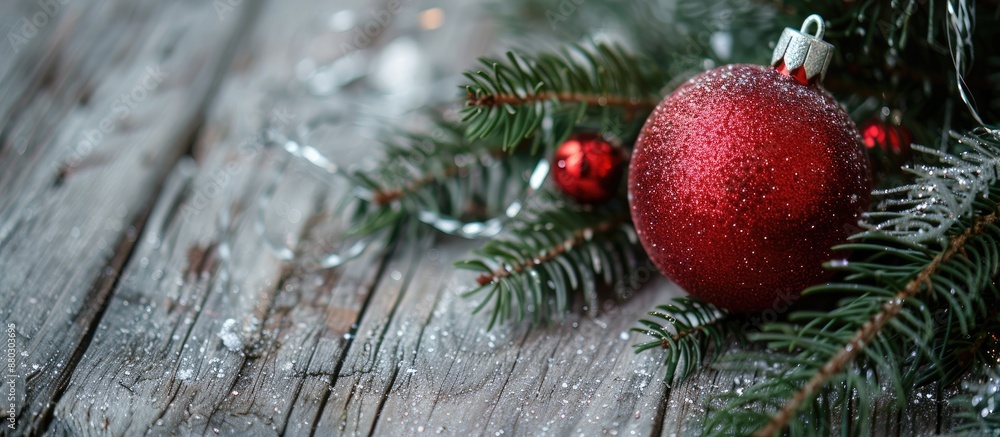 Poster an image depicting a festive new year's arrangement featuring a red christmas ball resting on green 