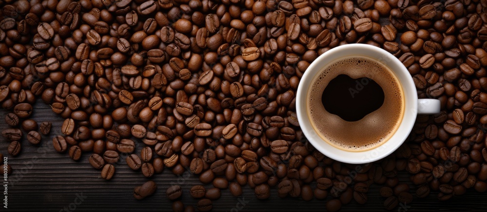 Poster Top view of a coffee cup filled with dark roasted beans on a background perfect for adding text or images, known as a copy space image.