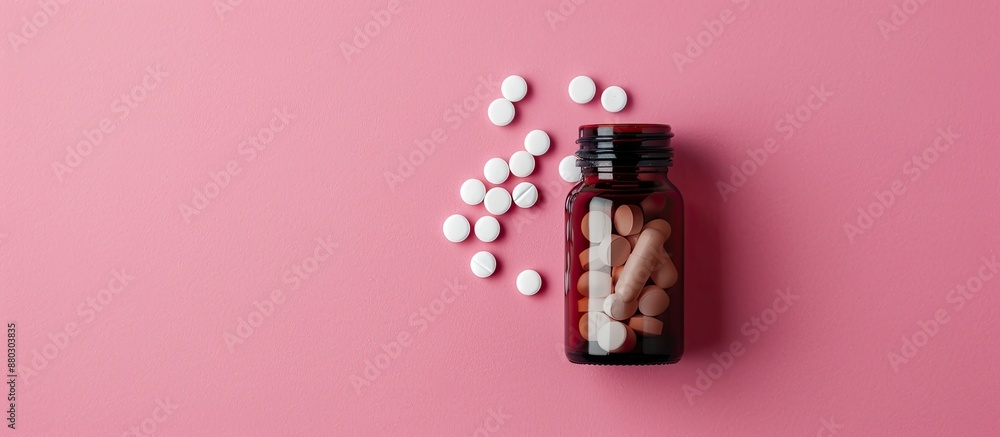 Aufkleber White pills or tablets in a bottle on a pink background create a copy space image from a top view, showcasing the global pharmaceutical industry and medicinal products.