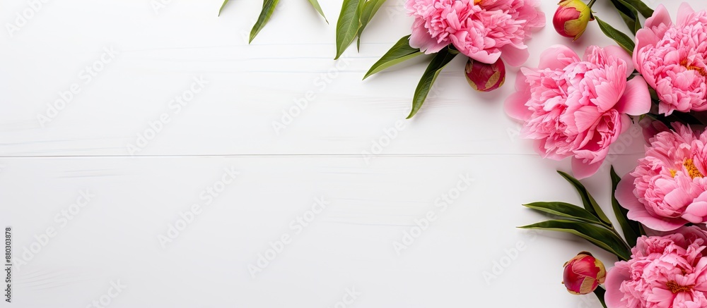 Poster top view of a feminine workspace with a close-up image of bright pink peonies against a white backgr