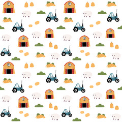 Farm seamless pattern. Vector funny hand drawn characters of domestic animals, countryside, houses and barns, tractor. Print for clothes, wallpaper, scrapbooking.