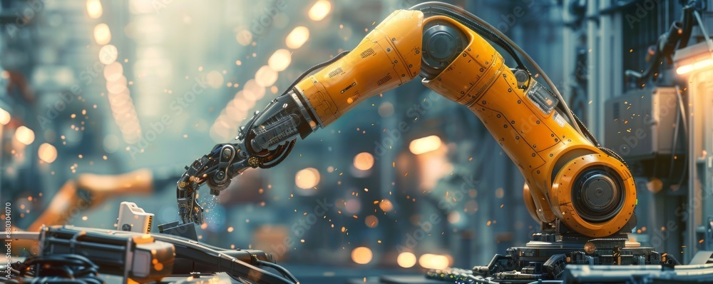 Poster a robot arm assembling a complex piece of machinery, its movements precise and efficient.