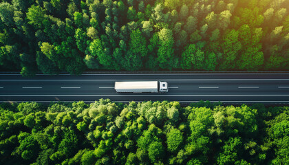 white truck driving on asphalt road on the highway. road through beautiful green forest. seen from the air. Aerial view landscape. drone photography. cargo