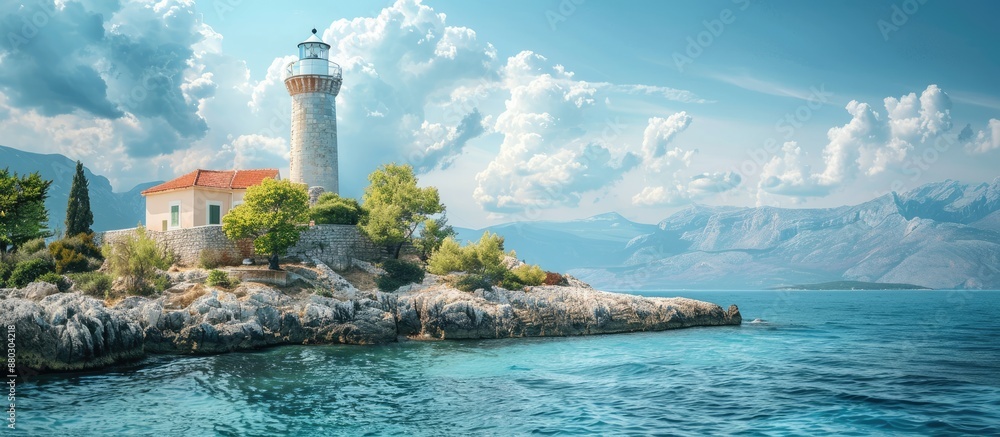 Poster a scenic mediterranean view featuring a lighthouse on an island with copy space image.
