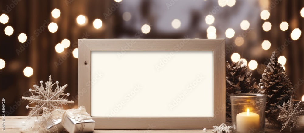 Poster Empty wooden picture frame mockup for Christmas background with decorations and copy space image available for text to convey winter holiday celebration concept.