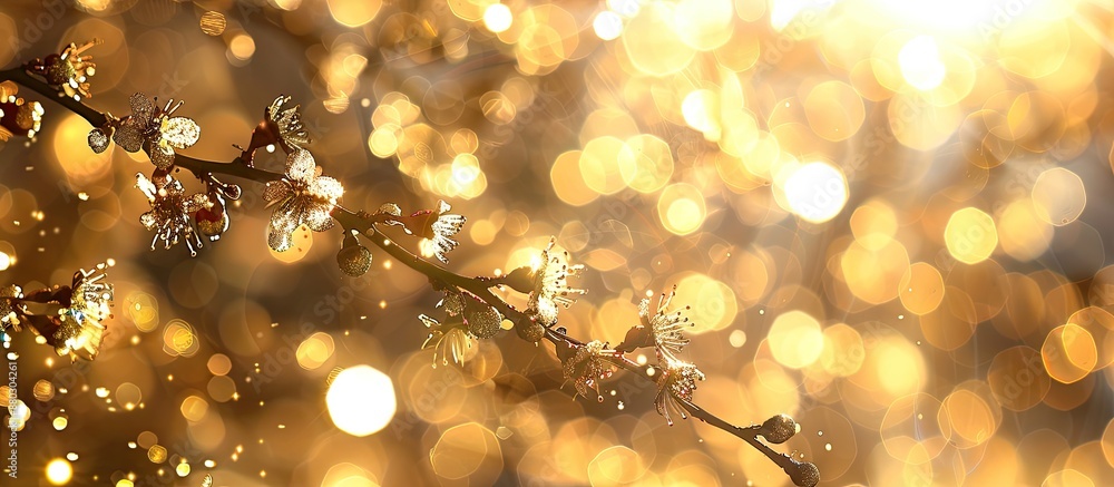 Poster a luxurious, romantic, abstract background with sparkles and golden bokeh in the sun, a shimmering t