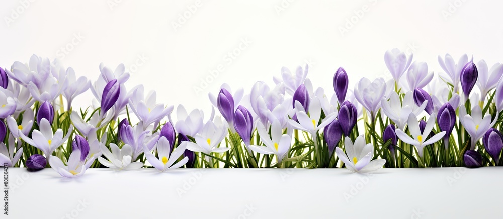 Aufkleber Top-down view of lovely spring snowdrops and violet crocuses arranged on a white backdrop, with ample room for text in the image.
