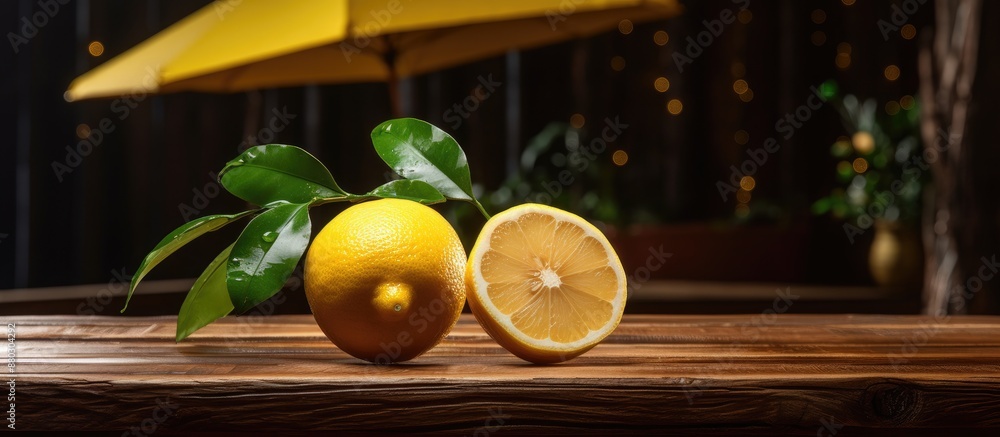 Poster Umbrella-adorned lemon on a wooden table with a spacious area for additional image elements.