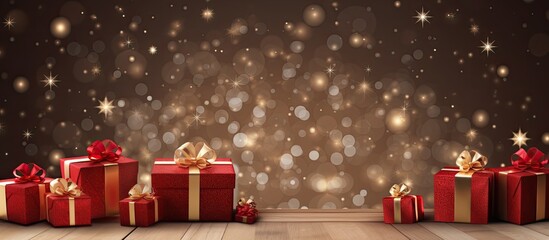 A festive Christmas backdrop featuring various decorations, red gift boxes, and a wooden surface with space for text or images.