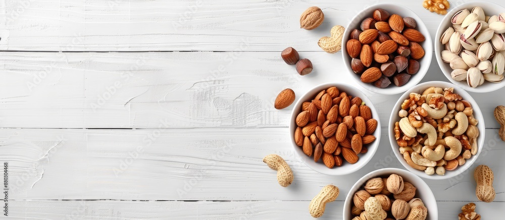 Aufkleber Top view of mixed nuts and sweets in bowls on a white wooden background for a diet decision concept with copy space image.