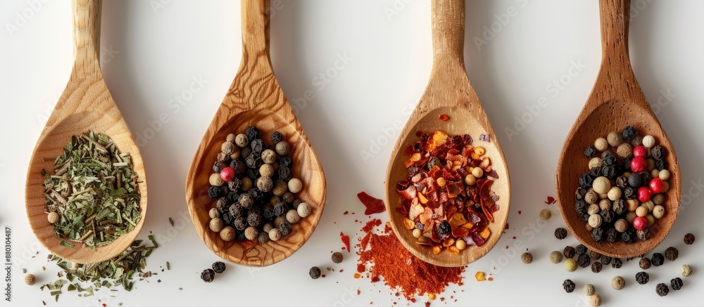Poster wooden spoons with spices and seasonings on a white background with room for text in the image.