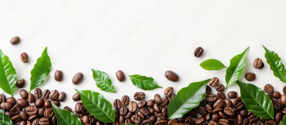 Aufkleber coffee beans and leaves arranged on a white background with copy space image.