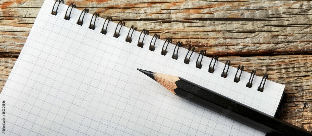 Aufkleber Simple graphite pencil lies on a blank white sheet in a checkered notepad against a backdrop of wooden boards, with copy space image.