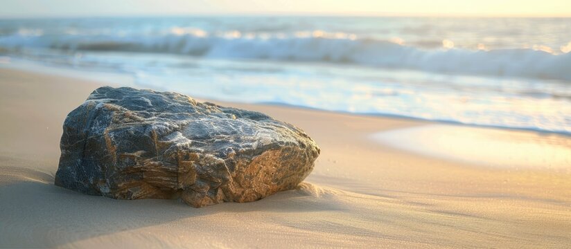 Triangular rock resting on sandy beach with copy space image.