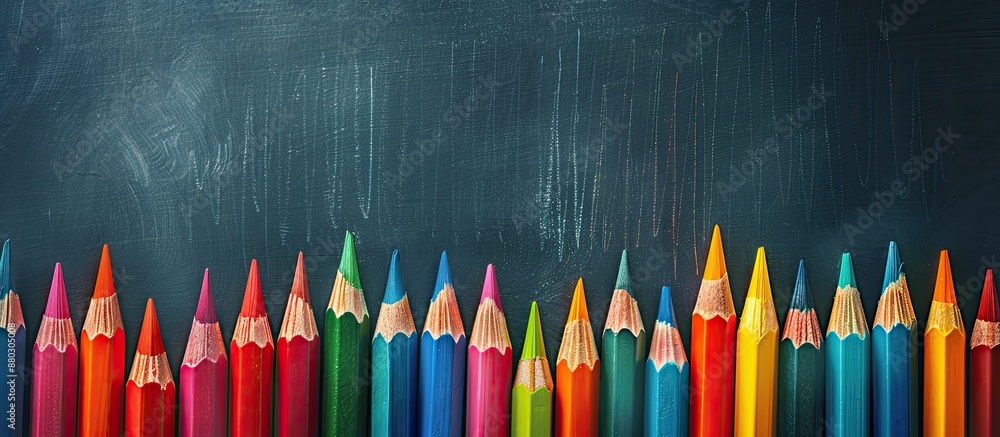 Poster Vibrant colored pencils displayed in front of a blackboard, creating copy space for writing or drawing.