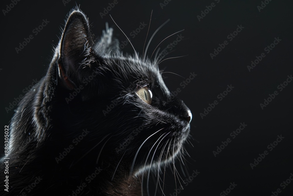 Poster a close-up image of a black cat's face on a dark background