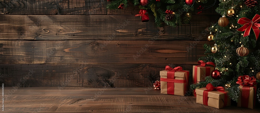 Poster wooden table adorned with a christmas tree and several gift boxes, ideal for a festive copy space im