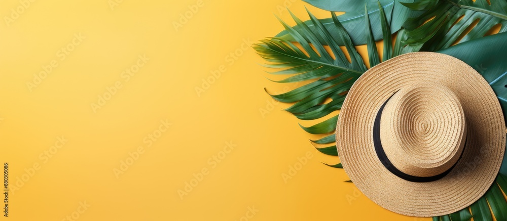 Poster Summer holidays depicted with a flat lay top view featuring a tropical leaf and a straw hat, creating a summer concept with ample copy space image included.