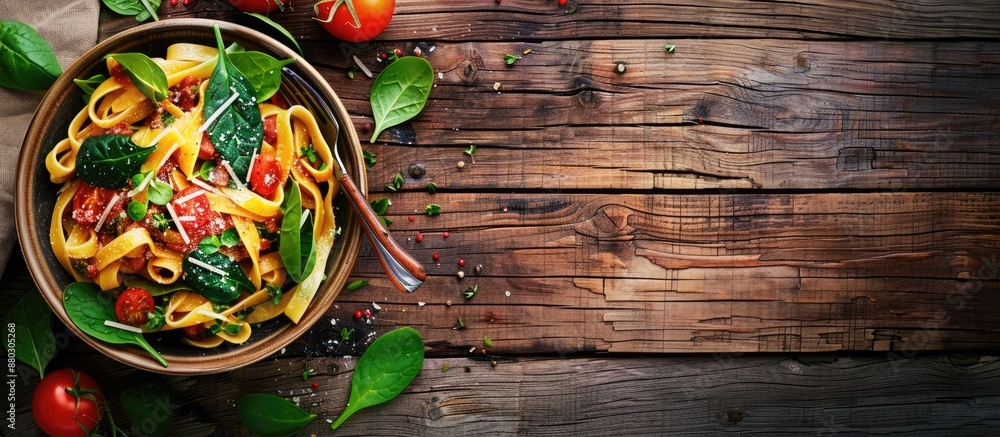Poster delicious pasta with spinach, sauce, and tomatoes on a wooden table seen from above, with ample spac