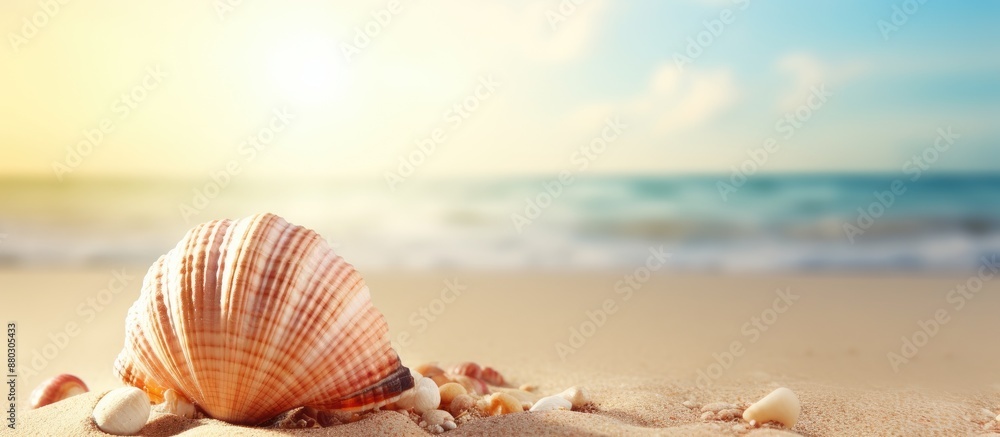 Poster Seashell on the sandy beach background with copy space image.