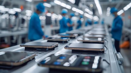Within the bustling confines of a factory, a skilled workforce intricately oversees the production, sorting, and packaging stages of high-tech smartphones, readying them for export