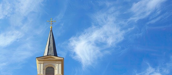 A steeple from a Christian church against a blue sky with a lot of copy space image available.