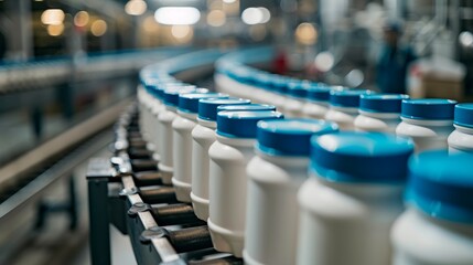 Obraz premium A close-up view of white plastic bottles with blue lids moving along a conveyor belt in a factory setting