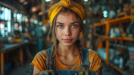 Fototapeta premium A young woman with blue eyes looks directly at the camera. She is wearing a yellow headband and a yellow shirt over a pair of blue overalls. She is in a workshop setting