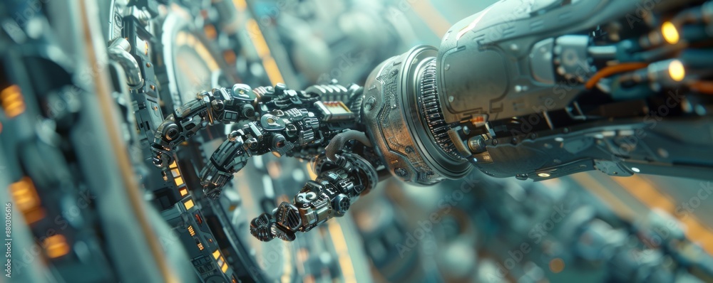 Poster a robot arm assembling a complex piece of machinery, its movements precise and efficient.