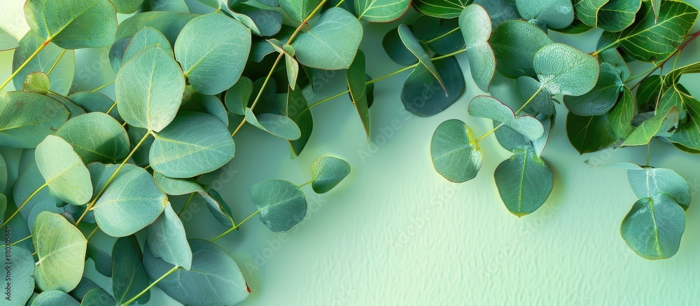 Poster eucalyptus leaves in green shade with a copy space image.